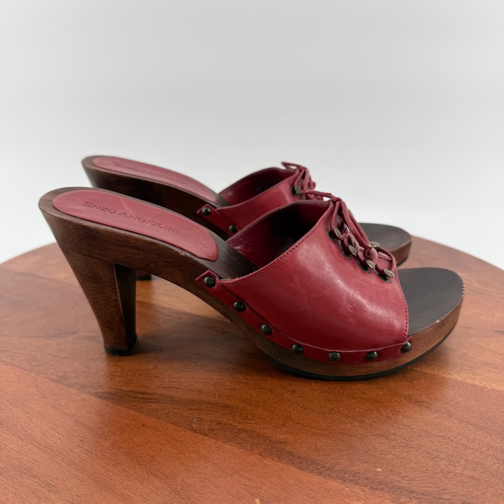 Enzo Angiolini Red Leather Retro Wood Clog Mules Studded Lace Up Heels Womens 8M